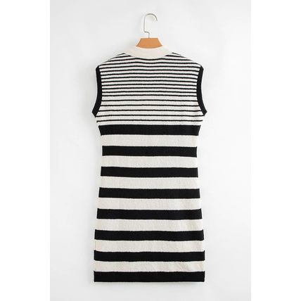 Black Mixed Striped Print Half Placket Collared Cap Sleeve Bodycon Sweater Dress