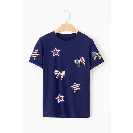 Blue Sequin USA Flag Bow Star Graphic Crewneck T Shirt