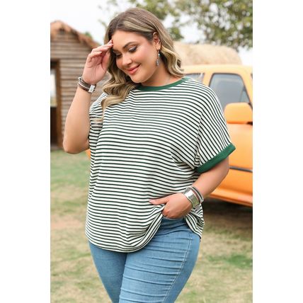 Green Stripe Trimmed Round Neck Plus Size Boxy Fit T-shirt
