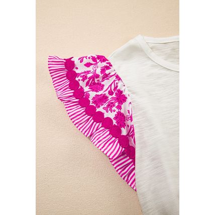Rose Ricrac Trim Printed Flutter Sleeve Contrast Patchwork Blouse