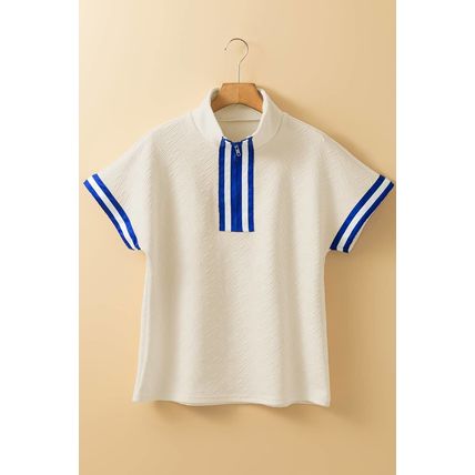 Beige Preppy Striped Trim Textured Quarter Zipper Colorblock Short Sleeve Top