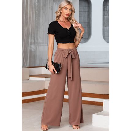 Coffee High Waisted Tie Front Side Pocket Wide Leg Flowy Casual Pants