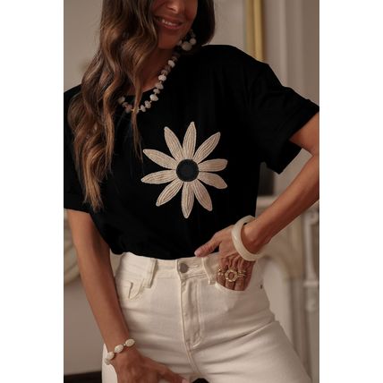 Black Contrast Crochet Floral Graphic Drop Shoulder Loose Tee