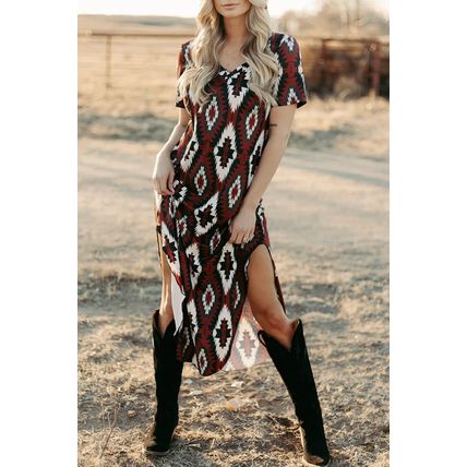 Red Western Aztec Printed Long T-shirt Dress