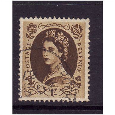 GREAT BRITAIN 1955 SG554 QEII ED CROWNS 1s BISTRE BROWN FINE USED #8