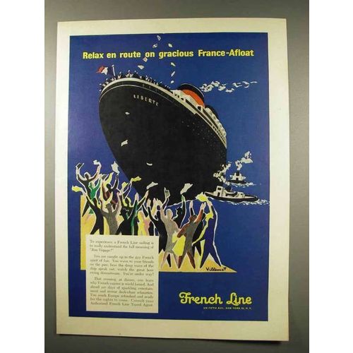 1956 French Line Cruise Ad - Art by Villemot