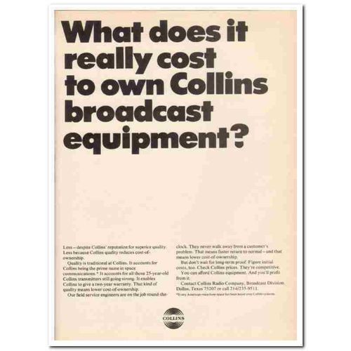 COLLINS RADIO COMPANY 1973 cost broadcast equipment media vintage ad