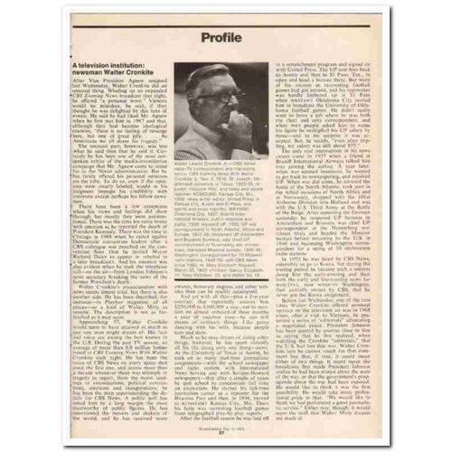 PROFILE 1973 Walter Leland Cronkite CBS News Radio TV vintage article