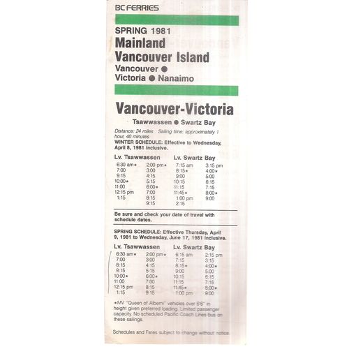 MAINLAND VANCOUVER ISLAND, CANADA .BC FERRIES Timetable ..1981 leaflet #