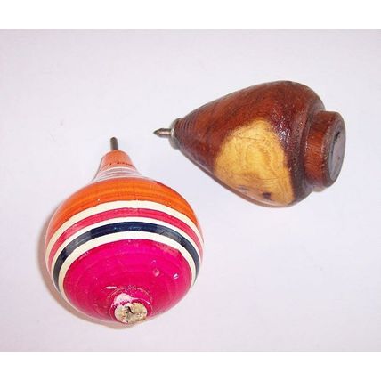 Vintage Lot of 2 Throw Throwing Tops, 1 Hardwood, 1 Hand Painted