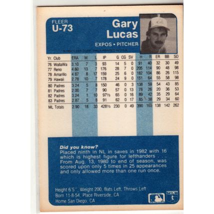1984 Fleer Update baseball card U-73 Gary Lucas