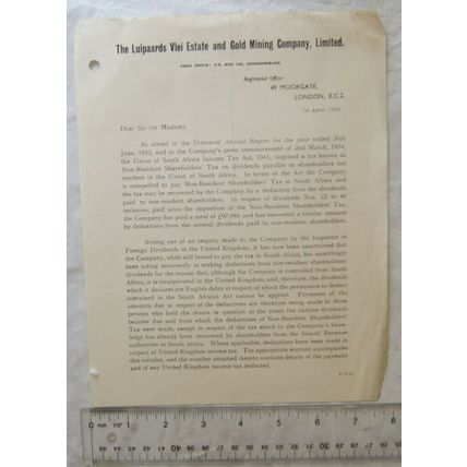 1954 letter The Luipaards Vlei Estate & Gold Mining Co., Johannesburg