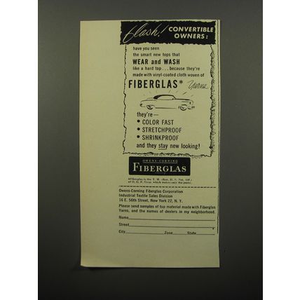 1950 Owens-Corning Fiberglas Ad - Flash! Convertible Owners have you seen
