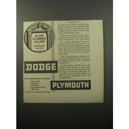 1950 Bishop, McCormick & Bishop Dodge Plymouth Dealers Ad - Exclusives