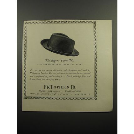 1955 F.R. Tripler Regent Park Hat Ad - Favorite of International Travelers