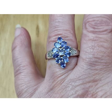 Natural Tanzanite Zircon Rhombus Cluster Ring Sz P½ Platinum Overlay 925 Silver