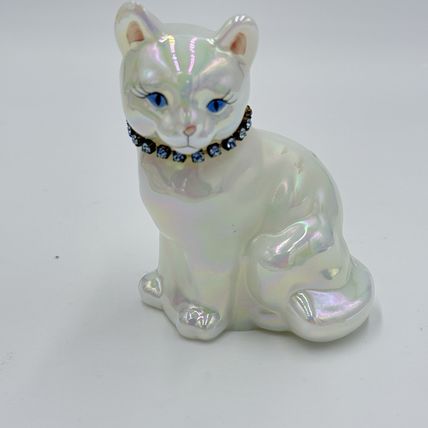 Fenton Art Glass Iridescent Blue Necklace Cat Figurine