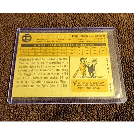 1960 Topps # 438 Jim Coker Catcher 6.0 EX/MT Or Better Shape Light Creases