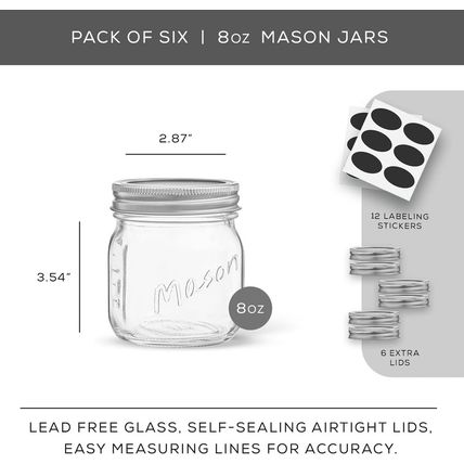Joyjolt 8 Oz Mason Jars with Lids, Labels and Measures! 6-Pack Regular Mouth Mas