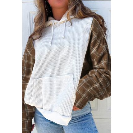 White Waffle Patch Plaid Sleeve Kangaroo Pocket Hoodie