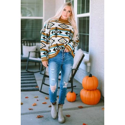 Brown Aztec Striped Knit Ribbed Trim Sweater