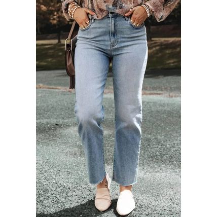 Light Blue Acid Wash Raw Edge Straight Jeans