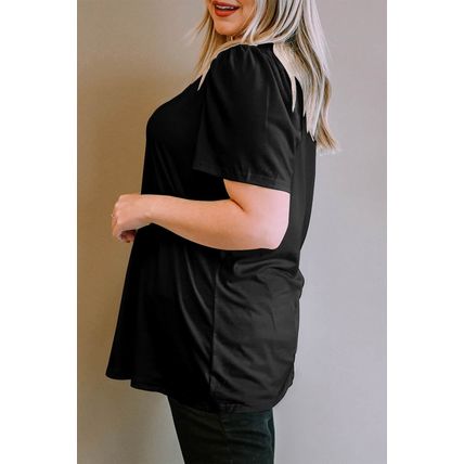 Black Plus Size Square Neck Ruched Shoulder Short Sleeve Top