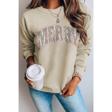 Khaki MERRY Leopard Print Long Sleeve Graphic Sweatshirt