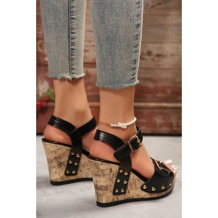 Black Rivet Buckle Closure Wedge Sandals