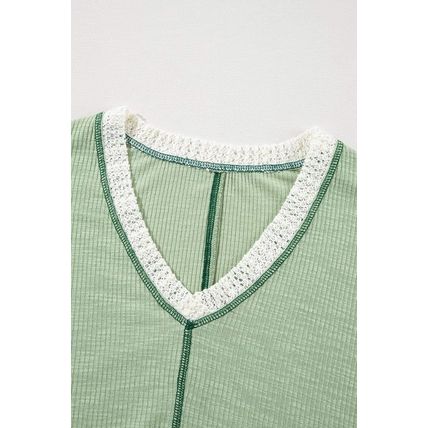 Grass Green Crochet Detail Exposed Seam High Low Loose Top