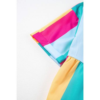 Rose Stripe Colorblock Short Sleeve Mini Shirt Dress