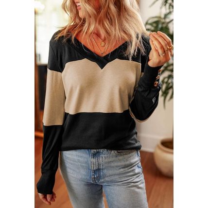 Parchment Colorblock Button Decor Long Sleeve V Neck Top