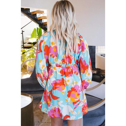 Sky Blue Floral Bracelet Sleeve Empire Waist Mini Dress