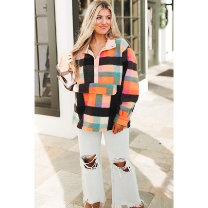 Black Plus Size Checkered Print Sherpa Henley Sweatshirt