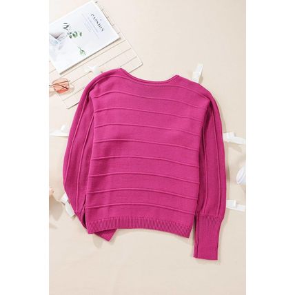 Rose Red Bow Knot Cut Out Round Neck Loose Sweater