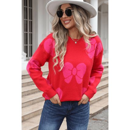 Fiery Red Valentine Bowknot Knitted Round Neck Fashion Sweater