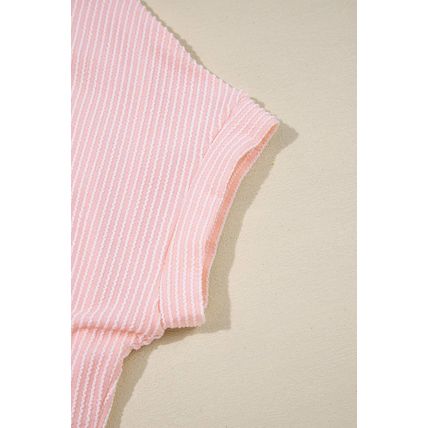 Pink Corded Knit Color Block Pocketed Crew Neck T Shirt