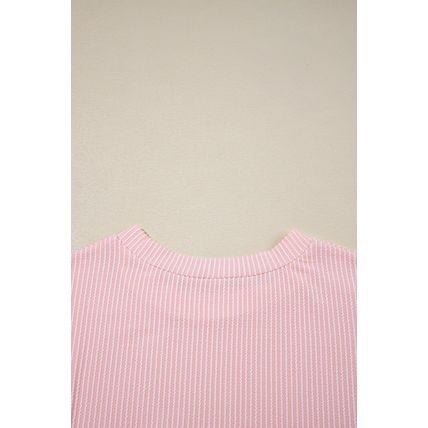 Pink Corded Knit Color Block Pocketed Crew Neck T Shirt