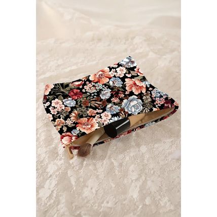 Black Flower Print Zipper Ribbed Corduroy Large Makeup Bag
