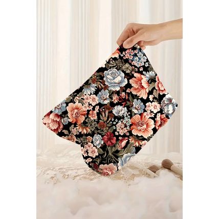 Black Flower Print Zipper Ribbed Corduroy Large Makeup Bag