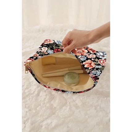 Black Flower Print Zipper Ribbed Corduroy Large Makeup Bag