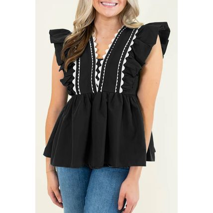 Black Contrast Ricrac Trim Ruffled V Neck Peplum Top