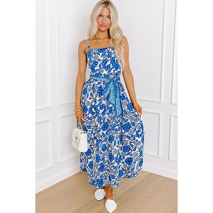 Blue Floral Printed Spaghetti Strap Maxi Dress with Waist Tie