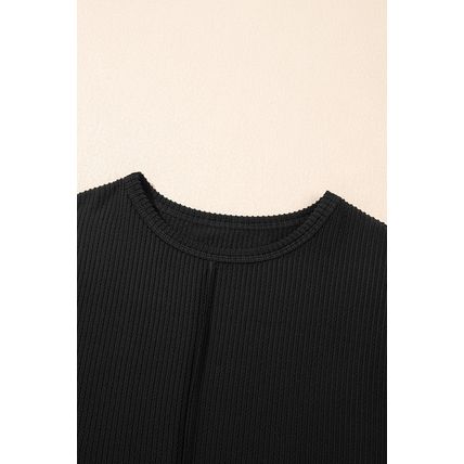 Black Solid Color Corded Short Sleeve Top and Casual Pants Set