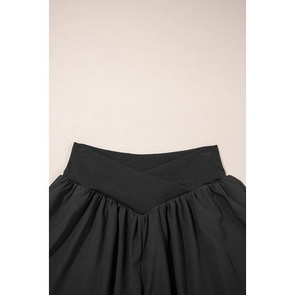 Black Crossed Waist Tiered Flowy Shorts
