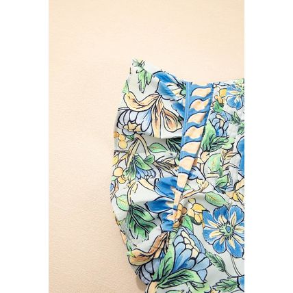 Spinach Green Botanical Floral Print Pleated Ruffle Detail Short Dress