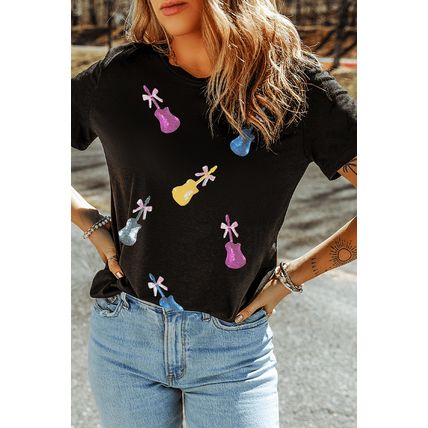 Black Sequined Bow Guitar Country Music Festival Casual Tee