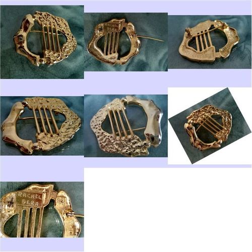 Signed RACHEL GERA modernist 1984 Gold Harp Brutalist Brooch Pin Vintage art A+