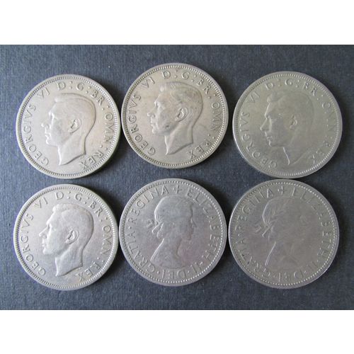 1947 - 1950 GEORGE VI & 1956 - 1957 ELIZABETH II HALFCROWNS SIX COINS IN TOTAL.