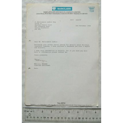 1986 letter Barclays Life Assurance Co., London